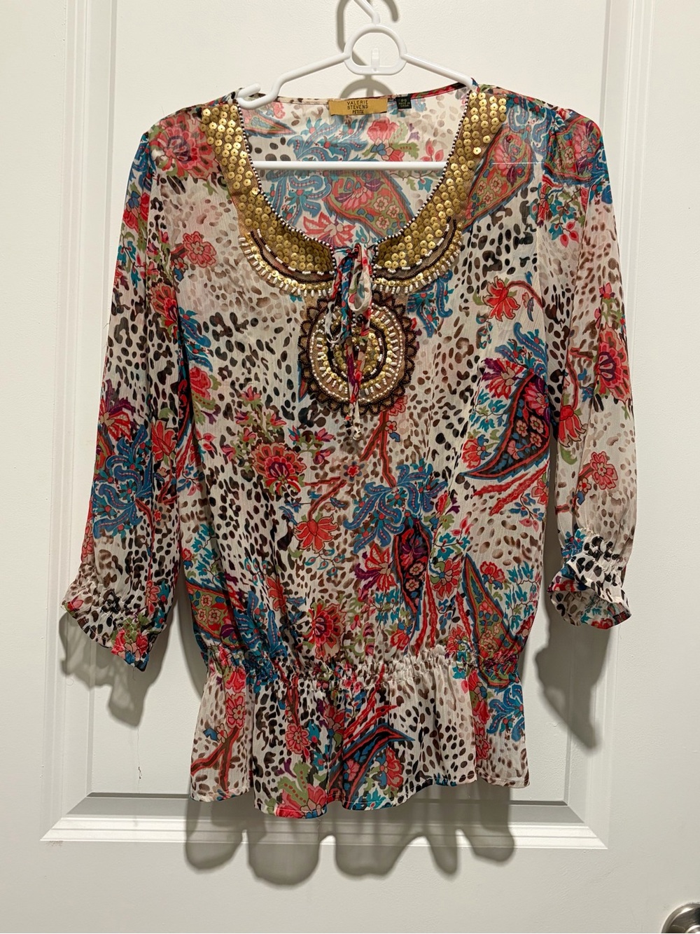 Valerie Stevens Boho Floral Sequin-Trim Peasant Top - Multicolor